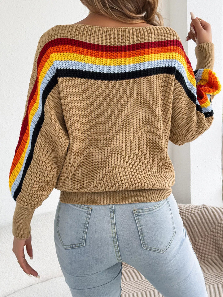 Camel Rainbow stripe ribbed knit boat neck sweater