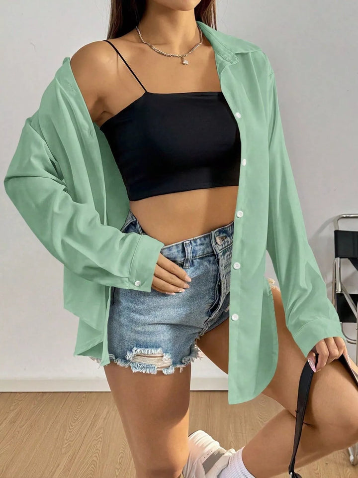Gray Green Oversized button-front long sleeve shirt with collar