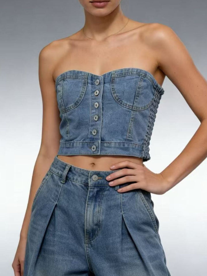Light Blue Button-front denim tube top with smocked sides