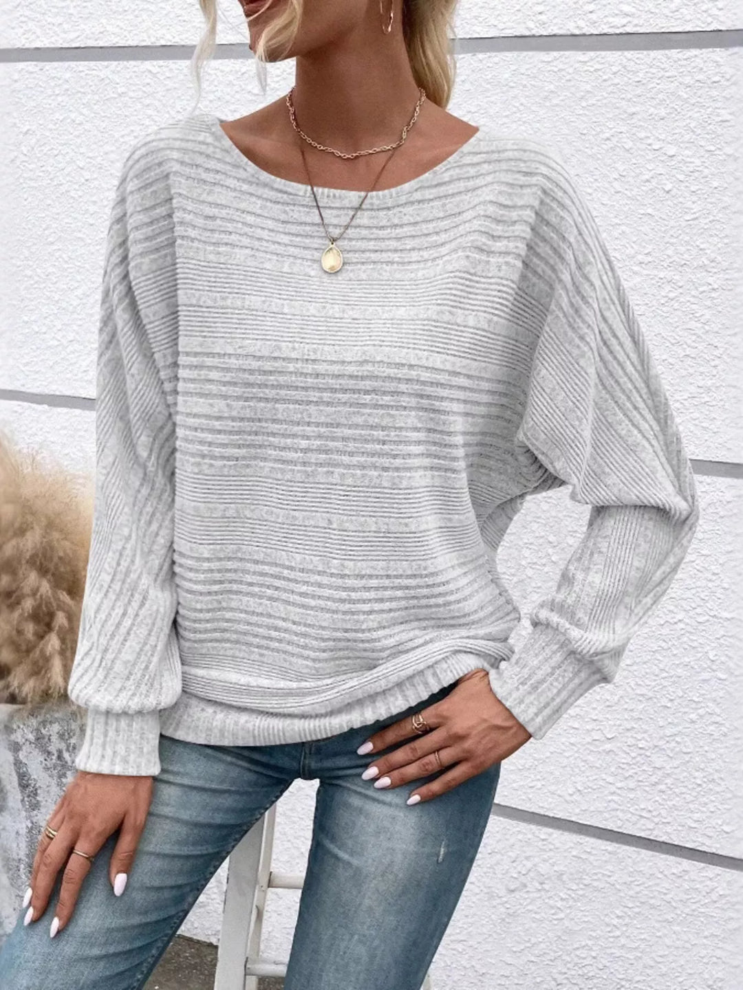 Light Gray Ribbed knit long sleeve top with dolman sleeves