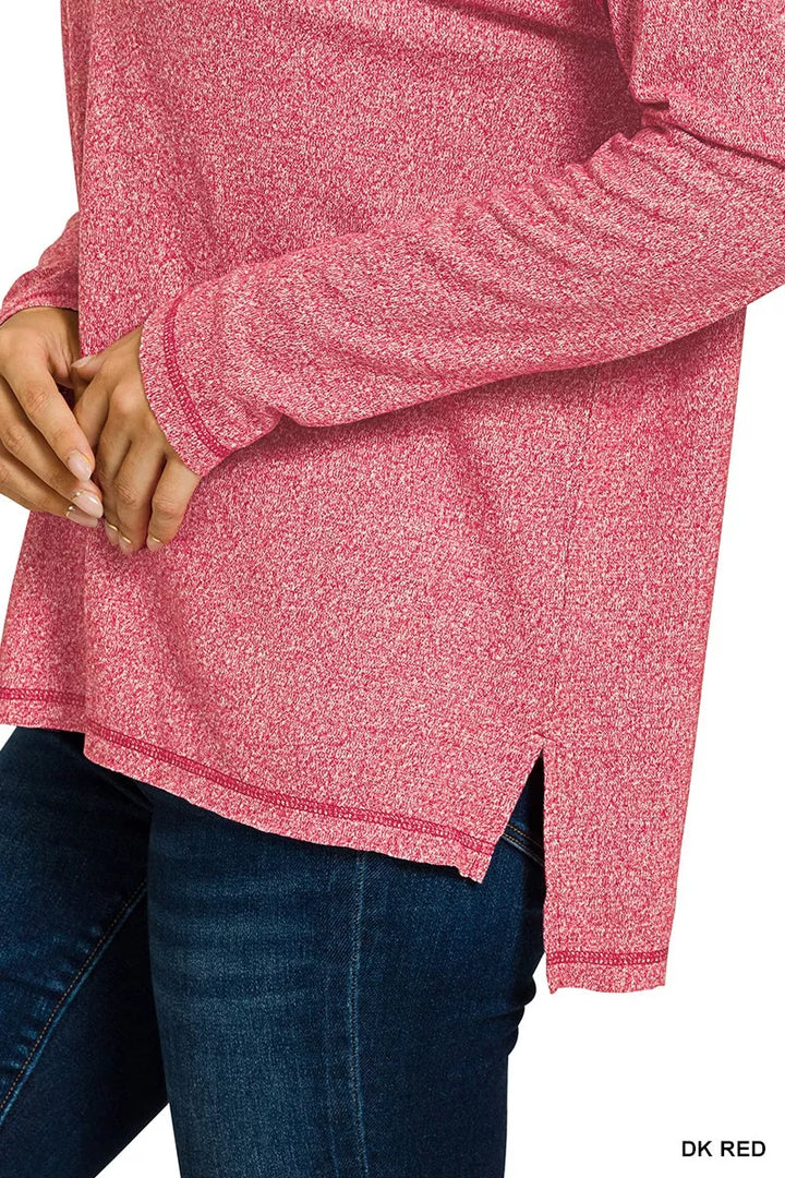 Exposed seam hi-low melange knit long sleeve top