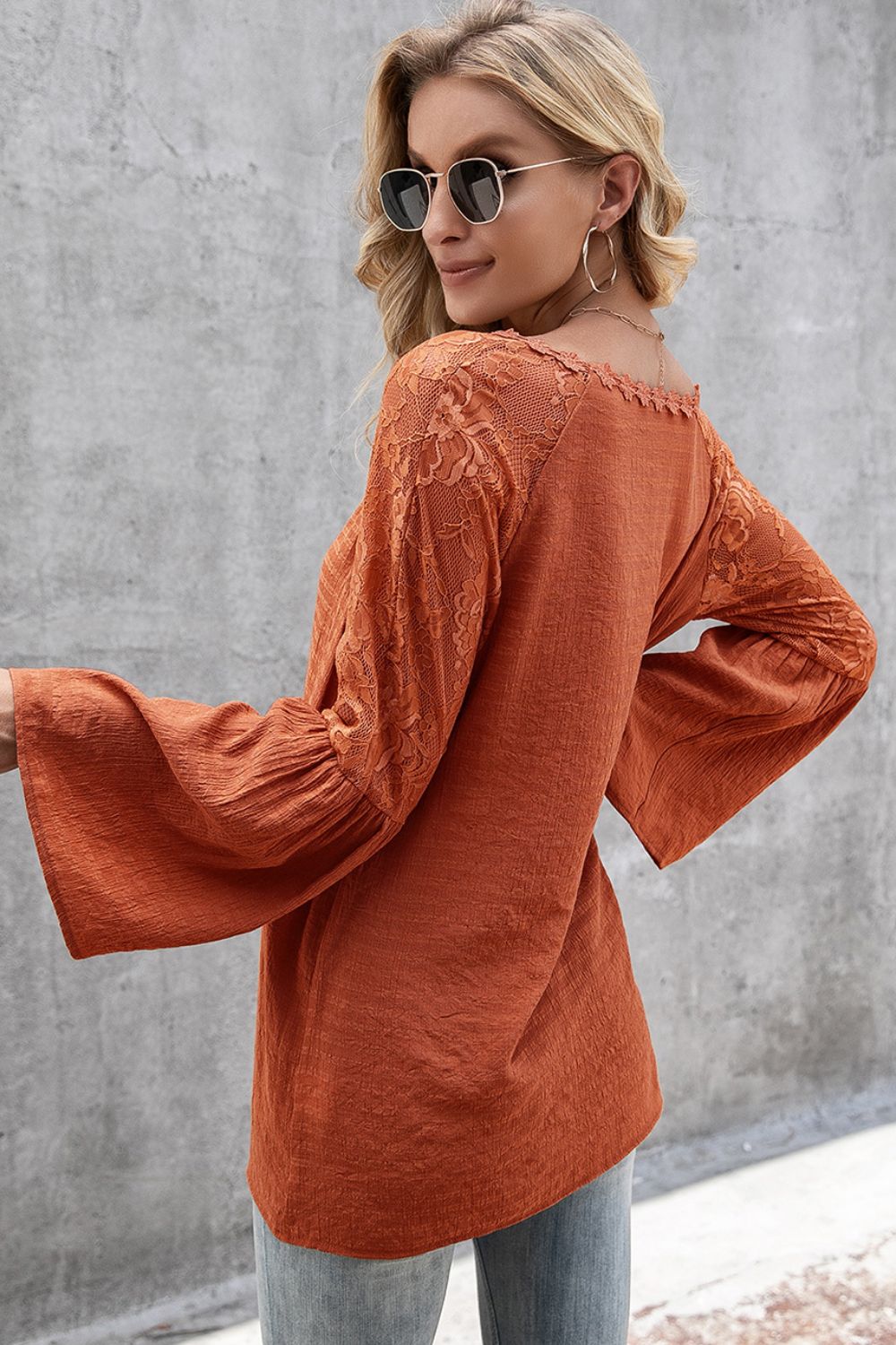 Floral lace panel V-neck bell sleeve top
