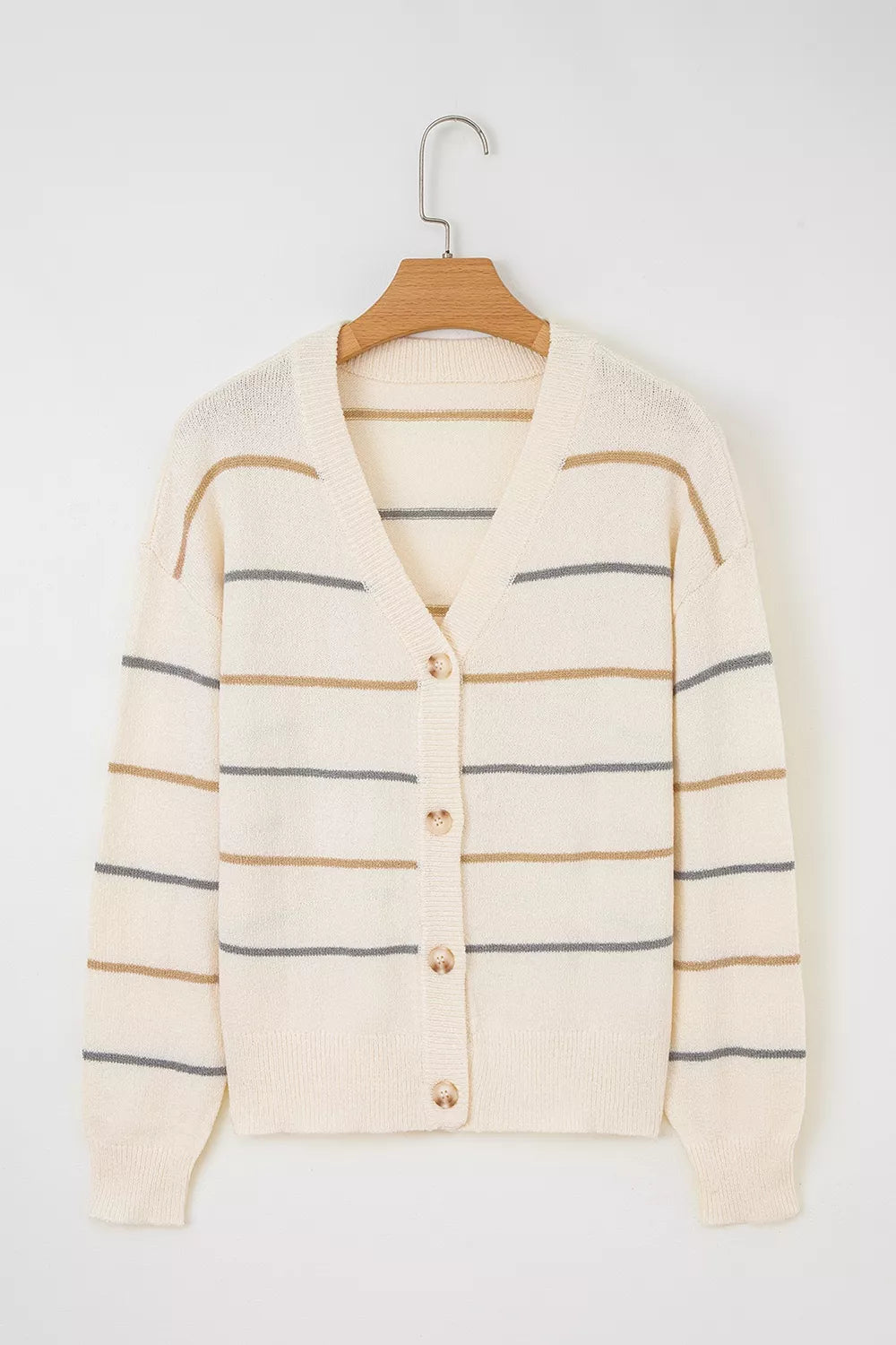 Striped knit button-front cardigan with V-neck