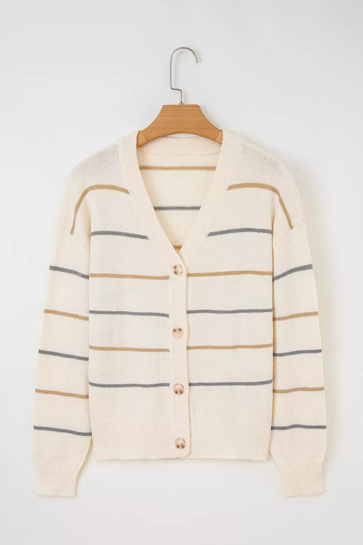 Striped knit button-front cardigan with V-neck