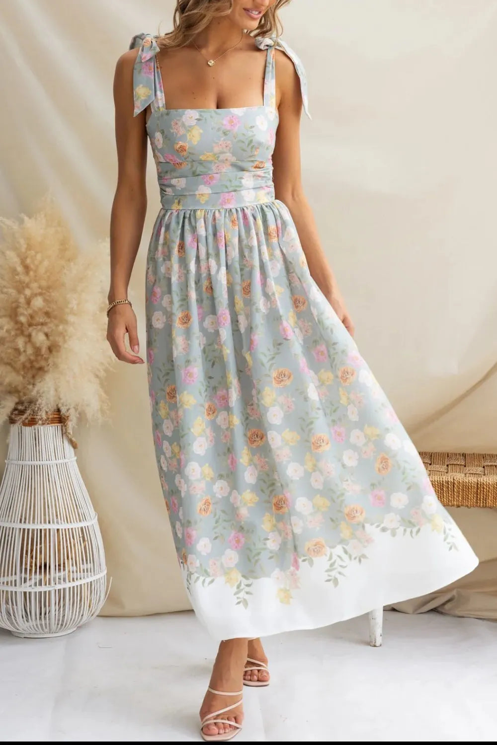 Light Blue Floral tie-shoulder ruched midi cami dress