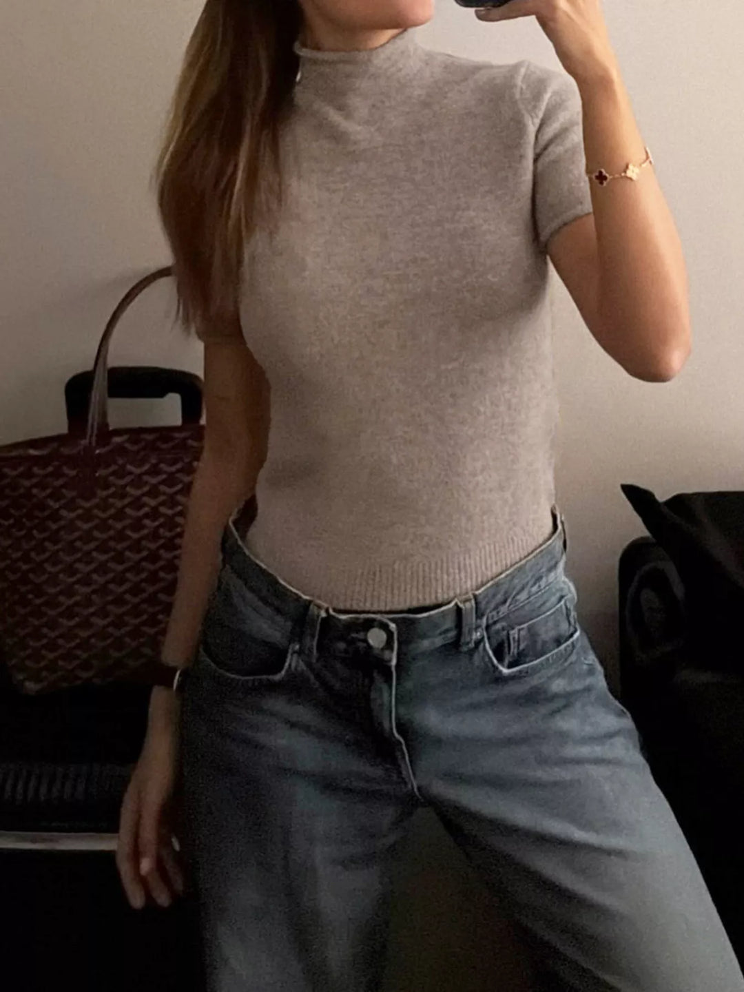 Khaki Color Mock neck short sleeve fitted knit sweater top
