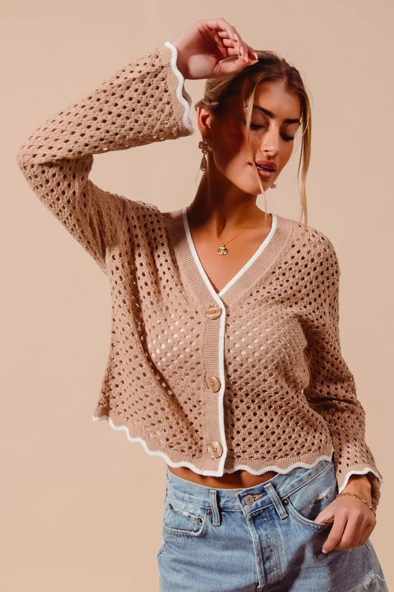 Open knit button-front cardigan with scallop contrast trim