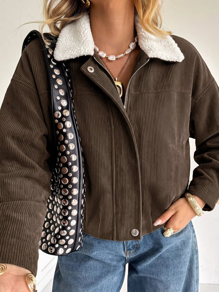 Corduroy zip-up jacket with sherpa collar and snap placket