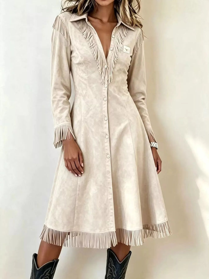 Fringe-trim faux suede button-down midi shirt dress
