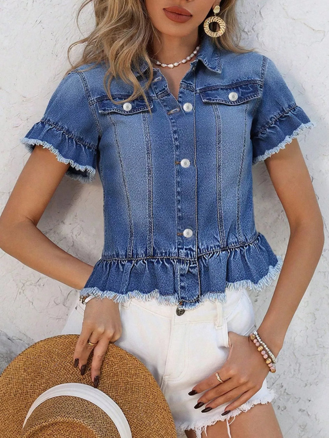 Ruffle hem short sleeve denim jacket with frayed trim