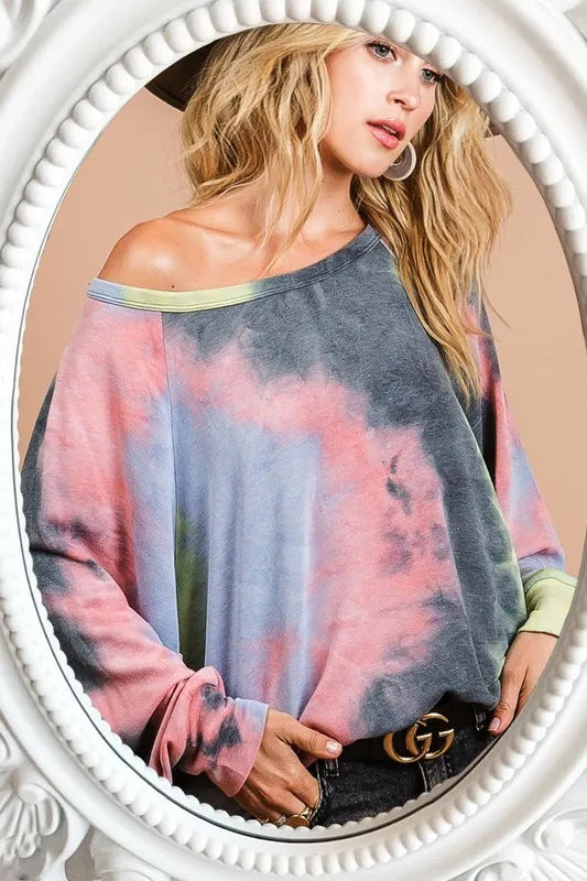 Tie-dye terry knit top with dolman sleeves
