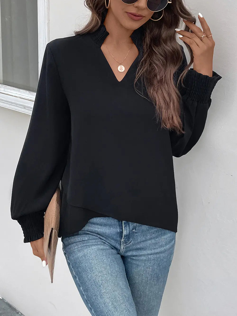 Smocked ruffle-cuff notched neck long sleeve blouse