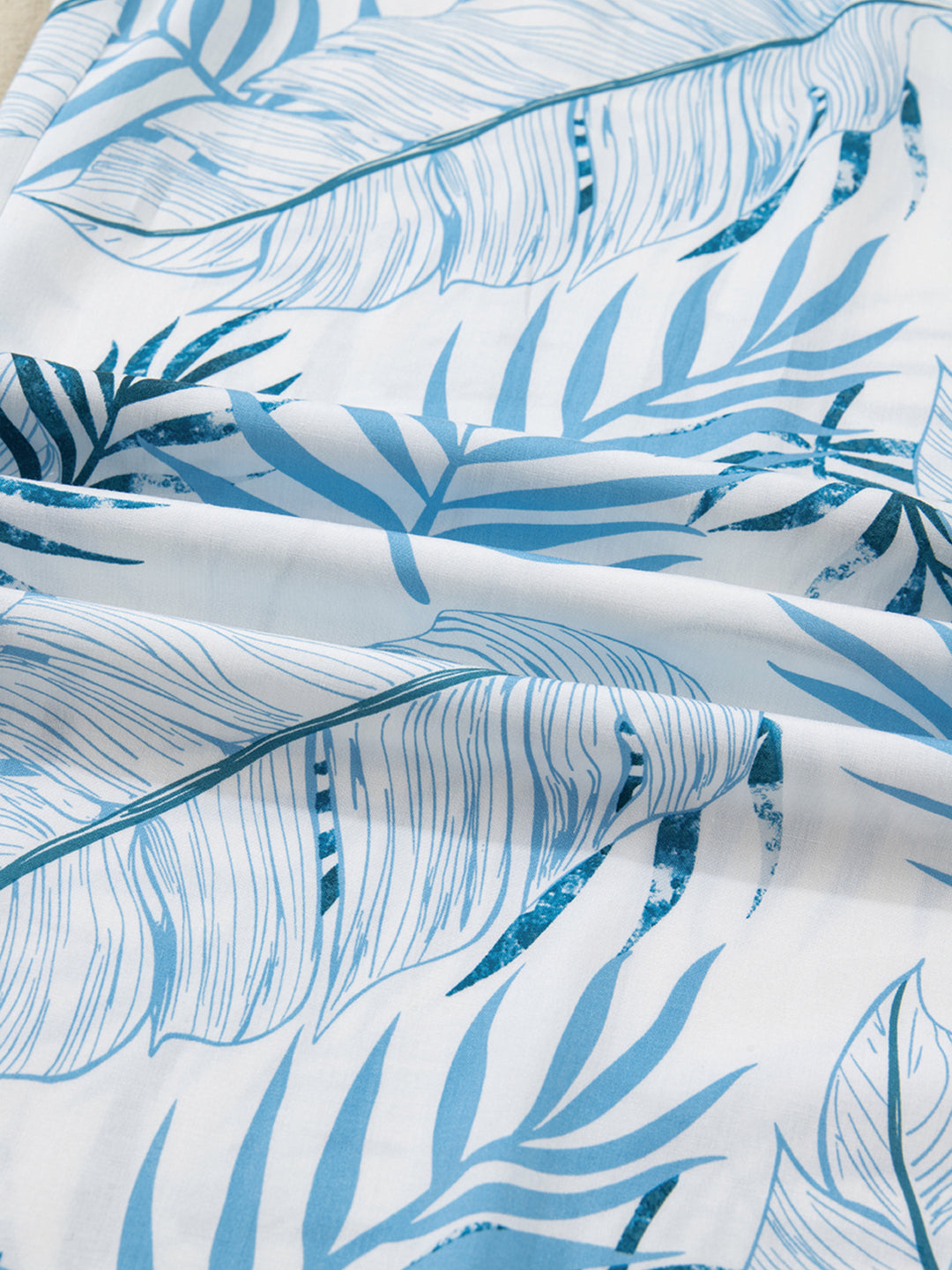 Tropical leaf print shirred-waist wide-leg pants