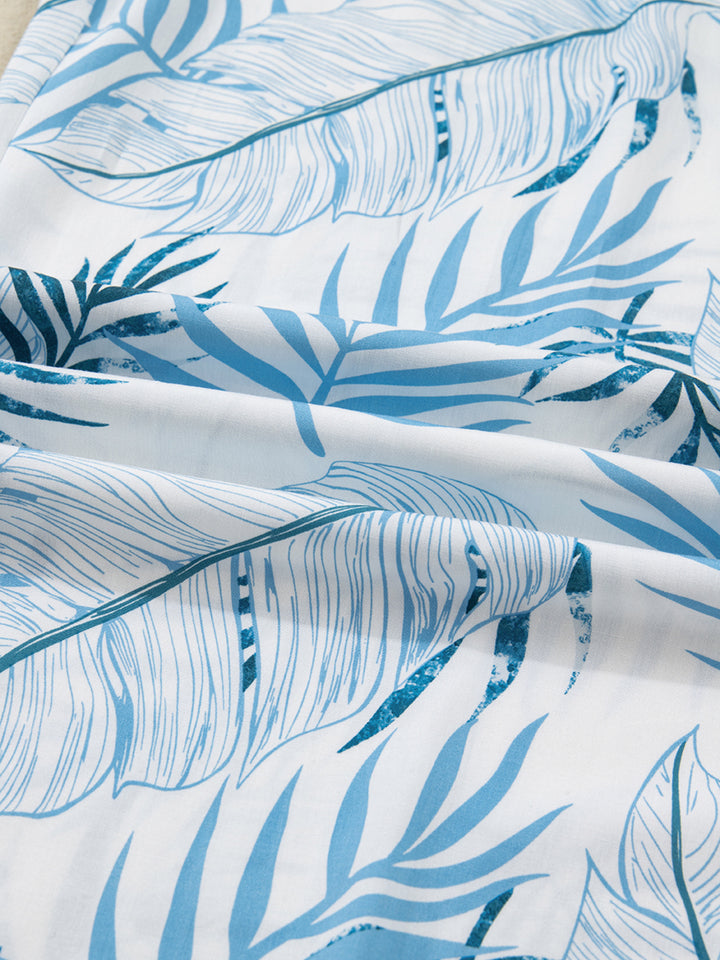 Tropical leaf print shirred-waist wide-leg pants
