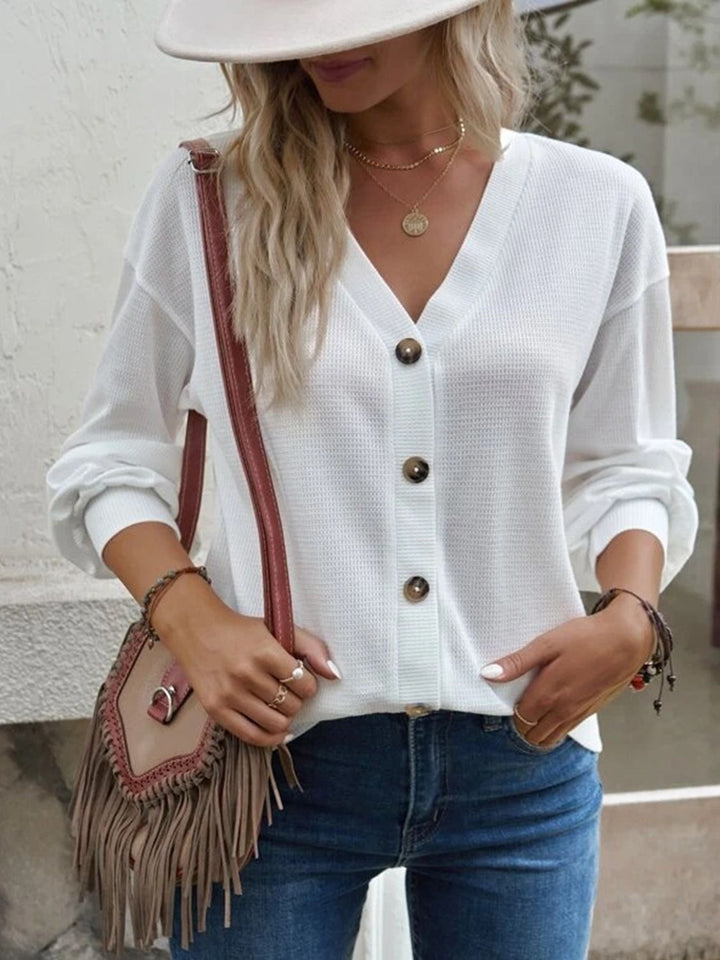 Waffle-knit V-neck button-front top with dropped shoulders