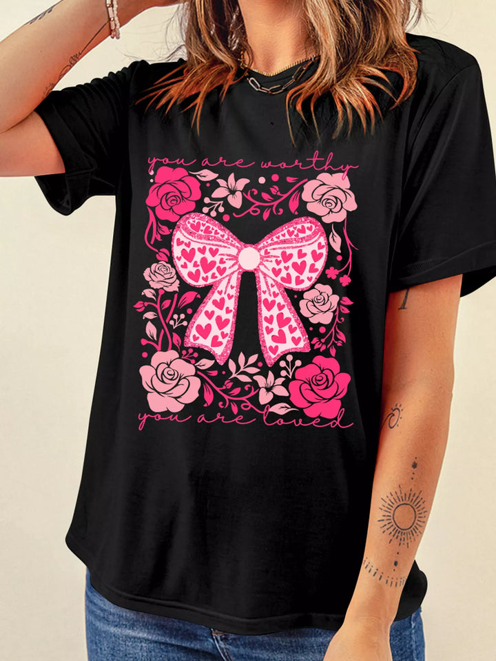 Black Valentine's floral bow graphic tee with heart print