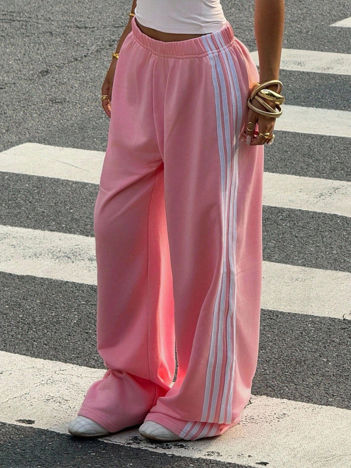 Striped wide leg track pants with elastic waist