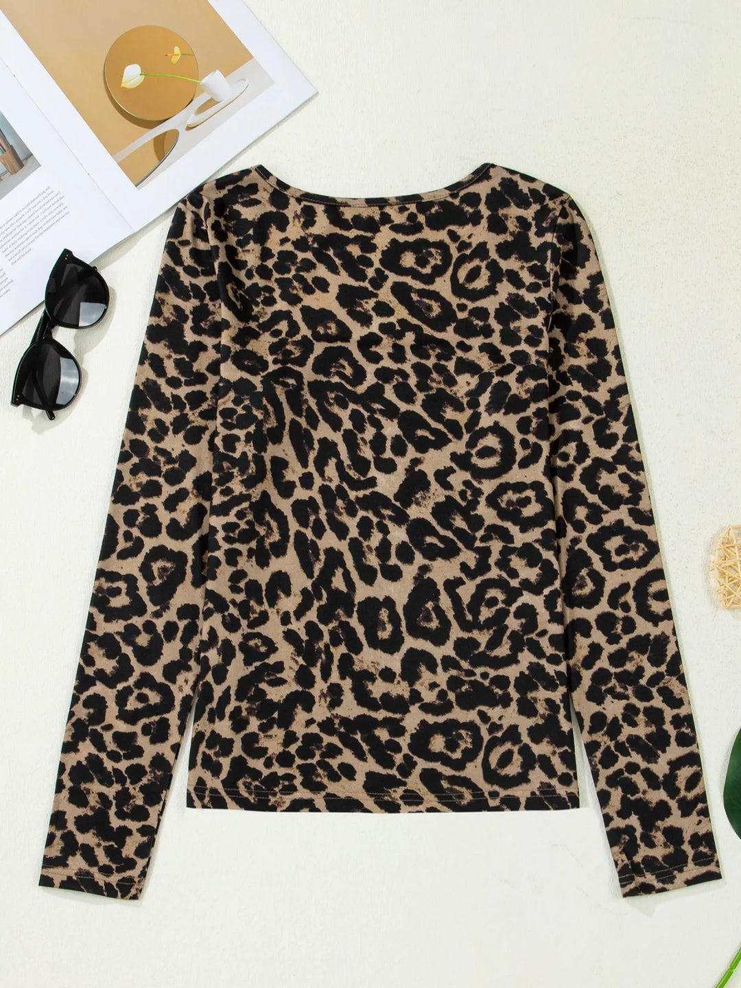 Leopard print square neck top with flared long sleeves