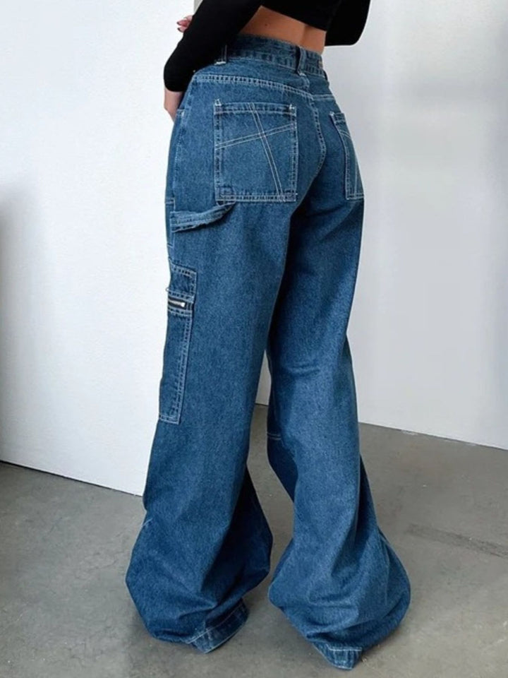 Wide-leg cargo jeans with zip pockets and hem zips