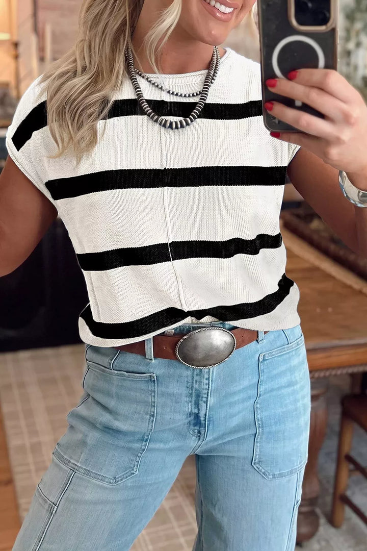 Striped knit short sleeve sweater top with center seam