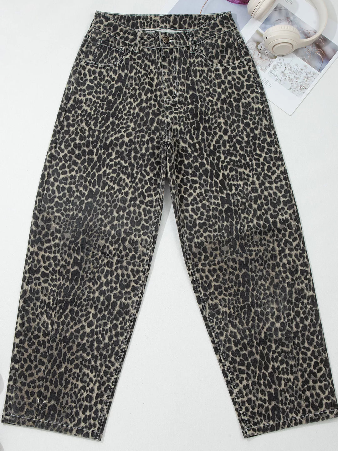 Leopard print high-rise barrel-leg jeans with pockets