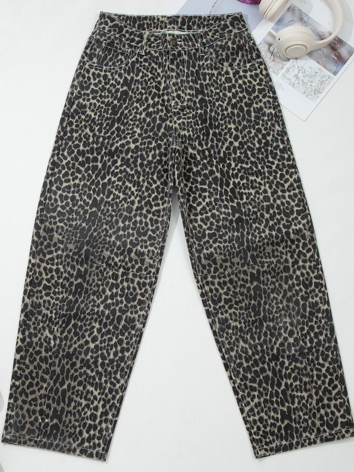 Leopard print high-rise barrel-leg jeans with pockets