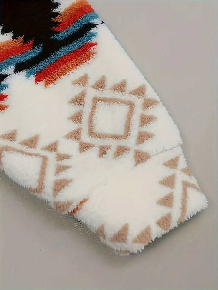 Aztec geometric print zip-up hooded sherpa jacket