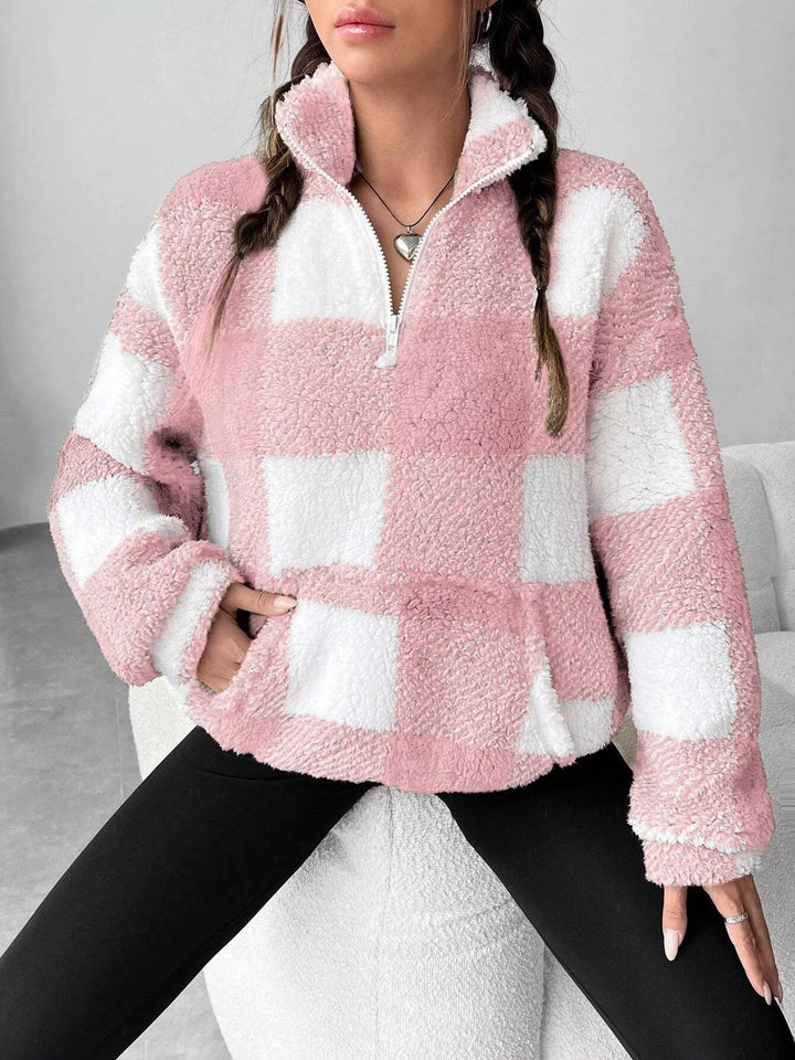 Pink Plaid sherpa quarter-zip pullover with front pocket