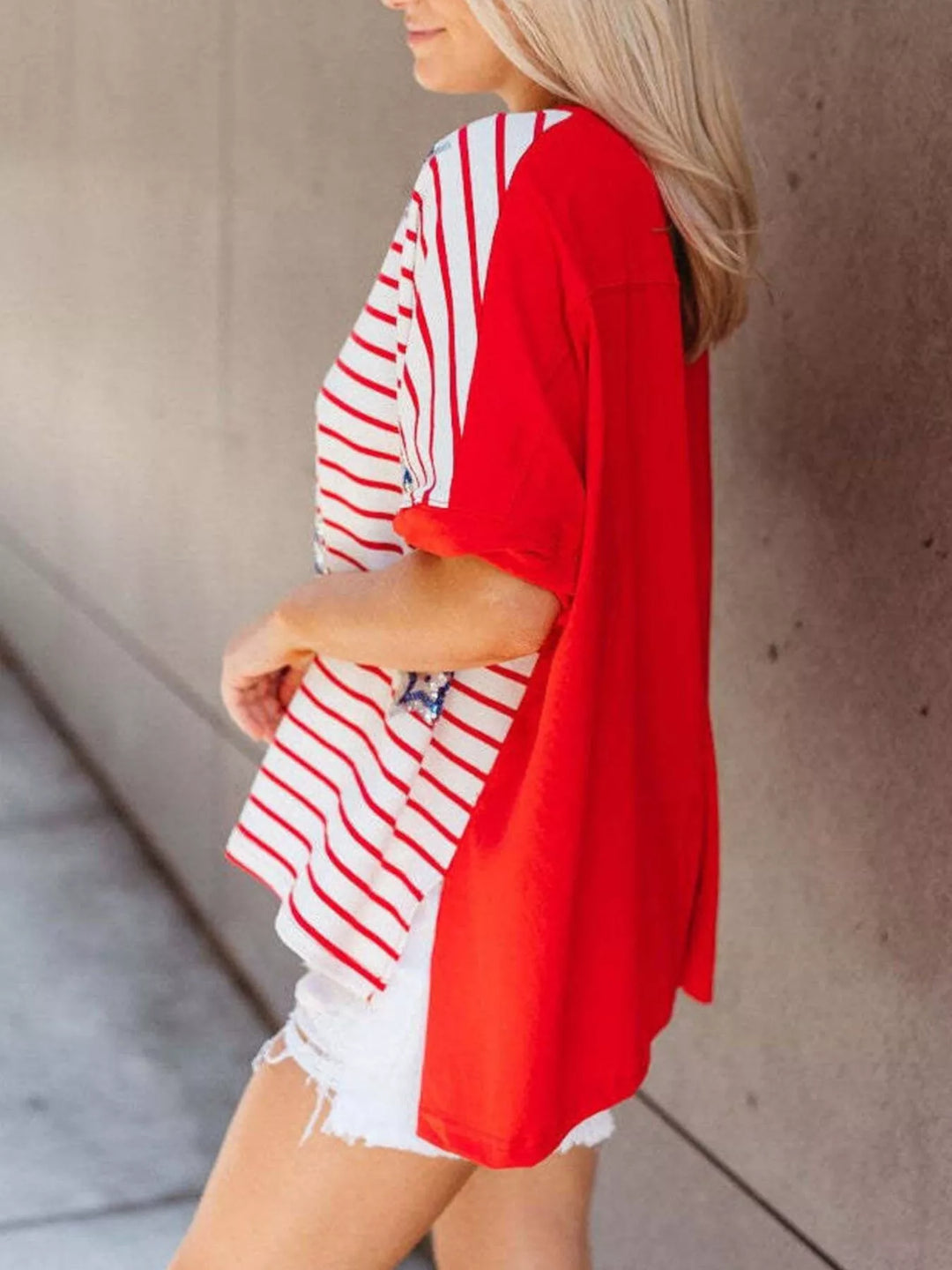 Patriotic stripe sequin star short-sleeve t-shirt