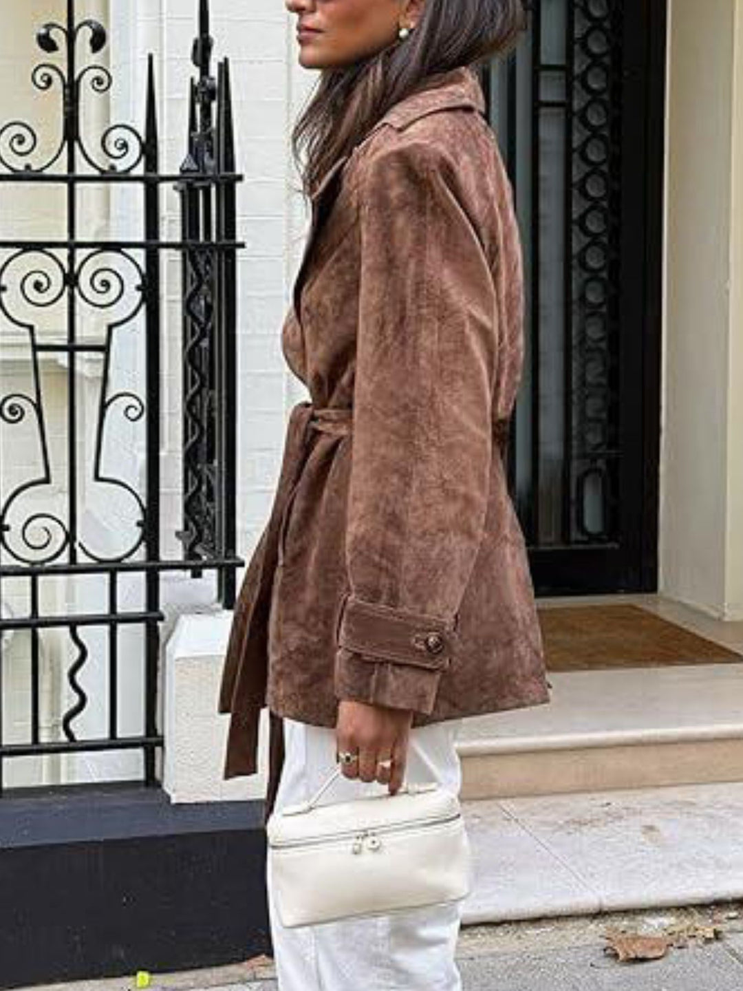 Double-breasted suede-look tie-waist trench coat