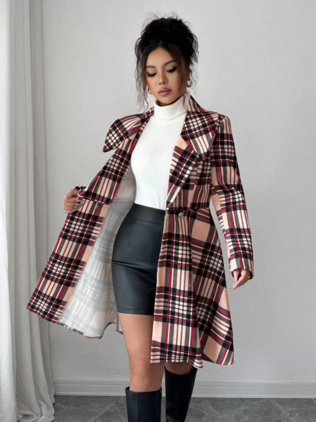 Plaid notch lapel button-front long sleeve coat