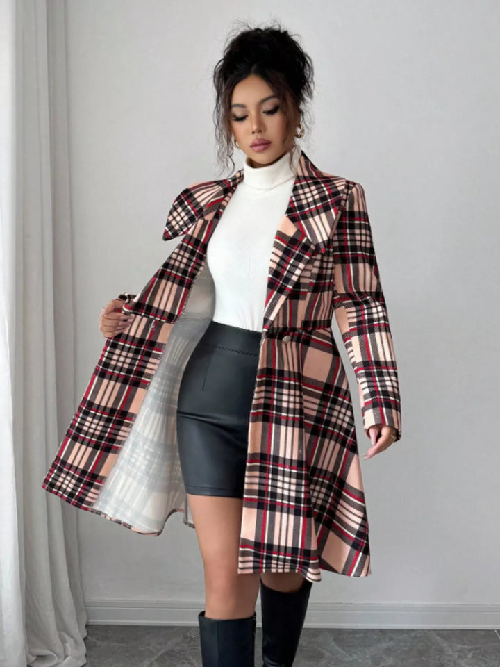 Plaid notch lapel button-front long sleeve coat