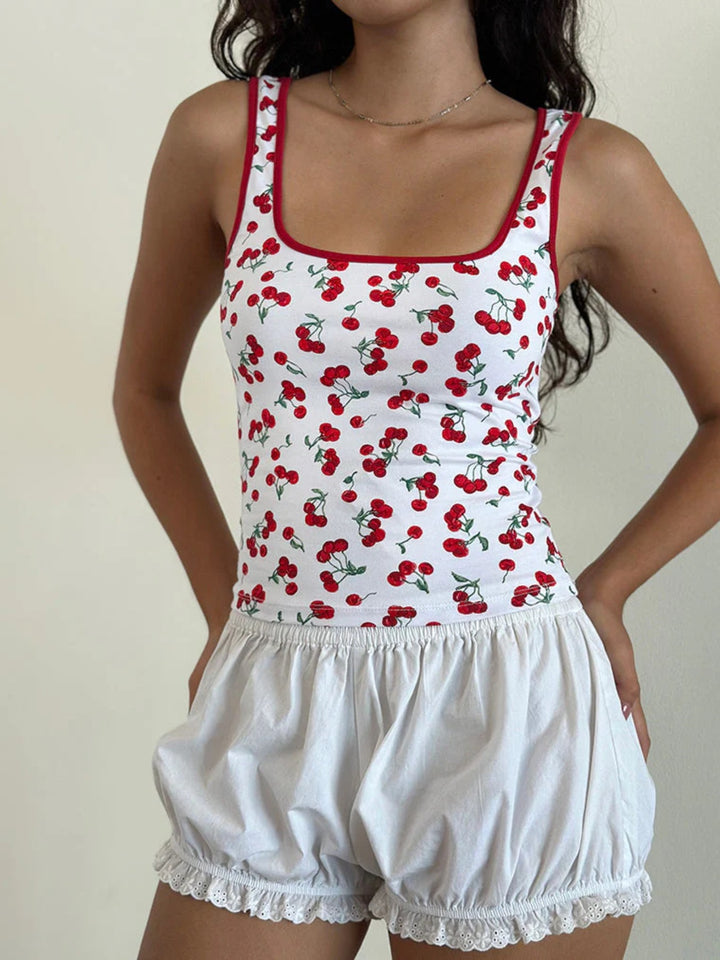 Cherry print square neck tank with contrast trim