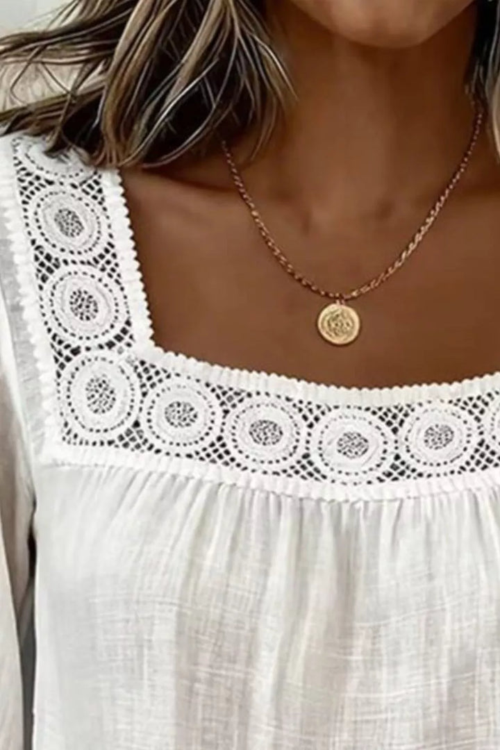 Crochet trim square neck blouse with 3/4 sleeves