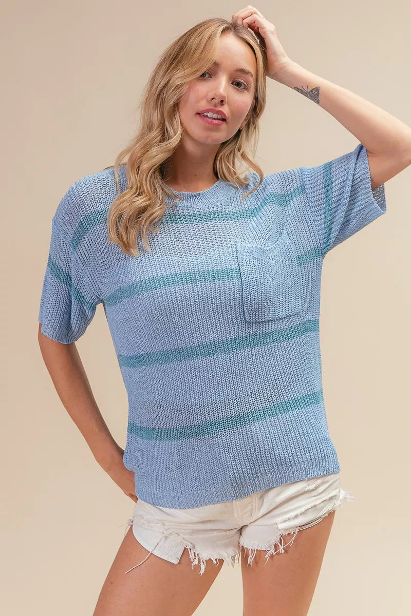 Striped short-sleeve knit sweater top with patch pocket