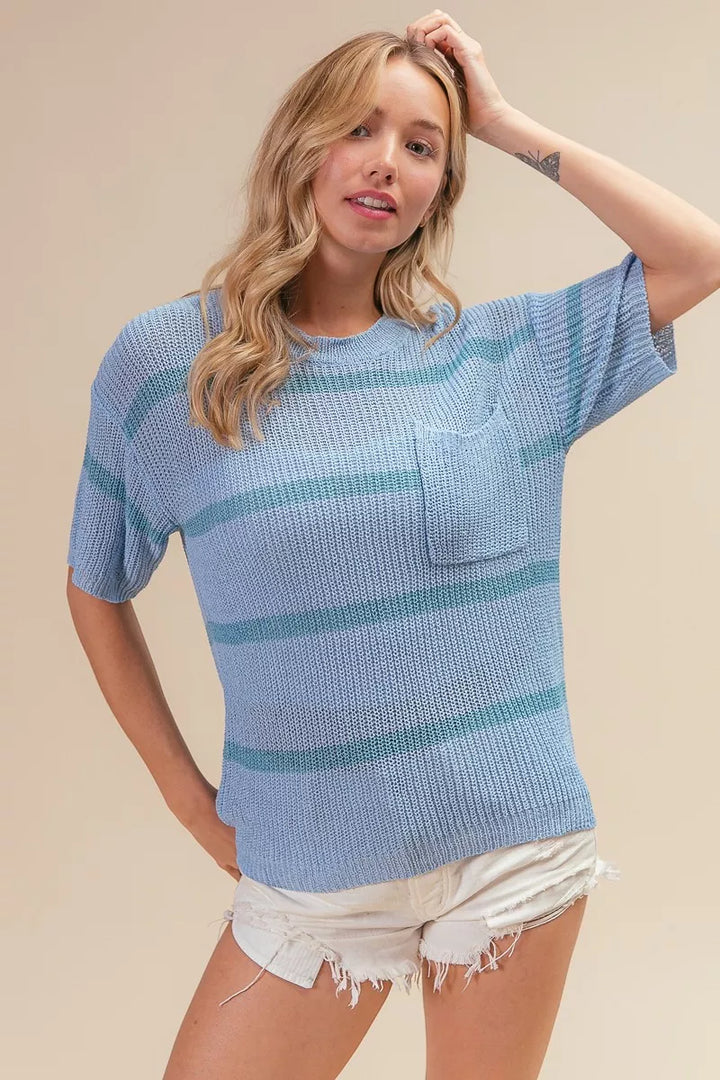 Striped short-sleeve knit sweater top with patch pocket