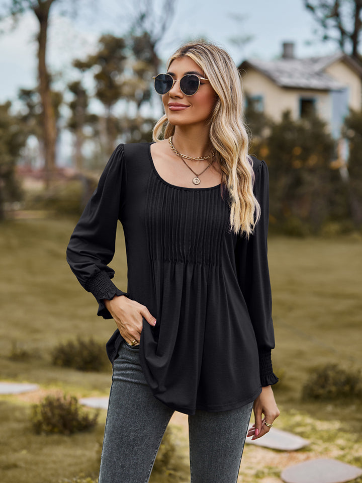 Black Pintuck pleated puff sleeve blouse with smocked cuffs
