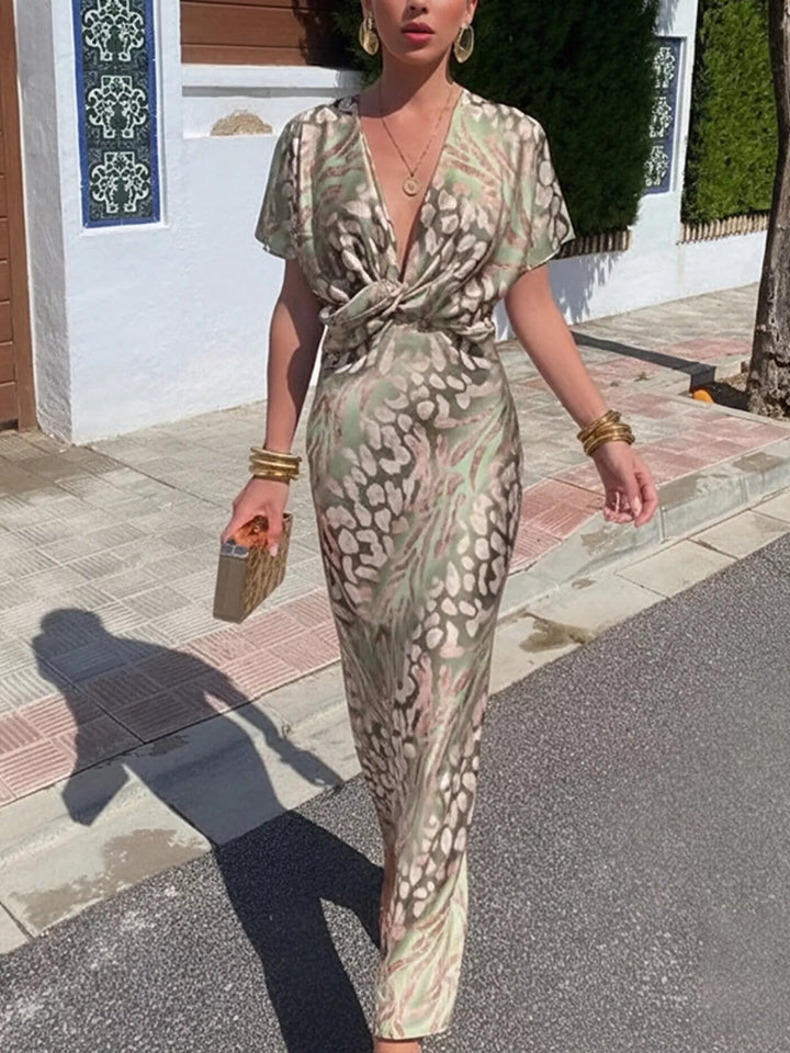 Twist-front animal print V-neck maxi dress