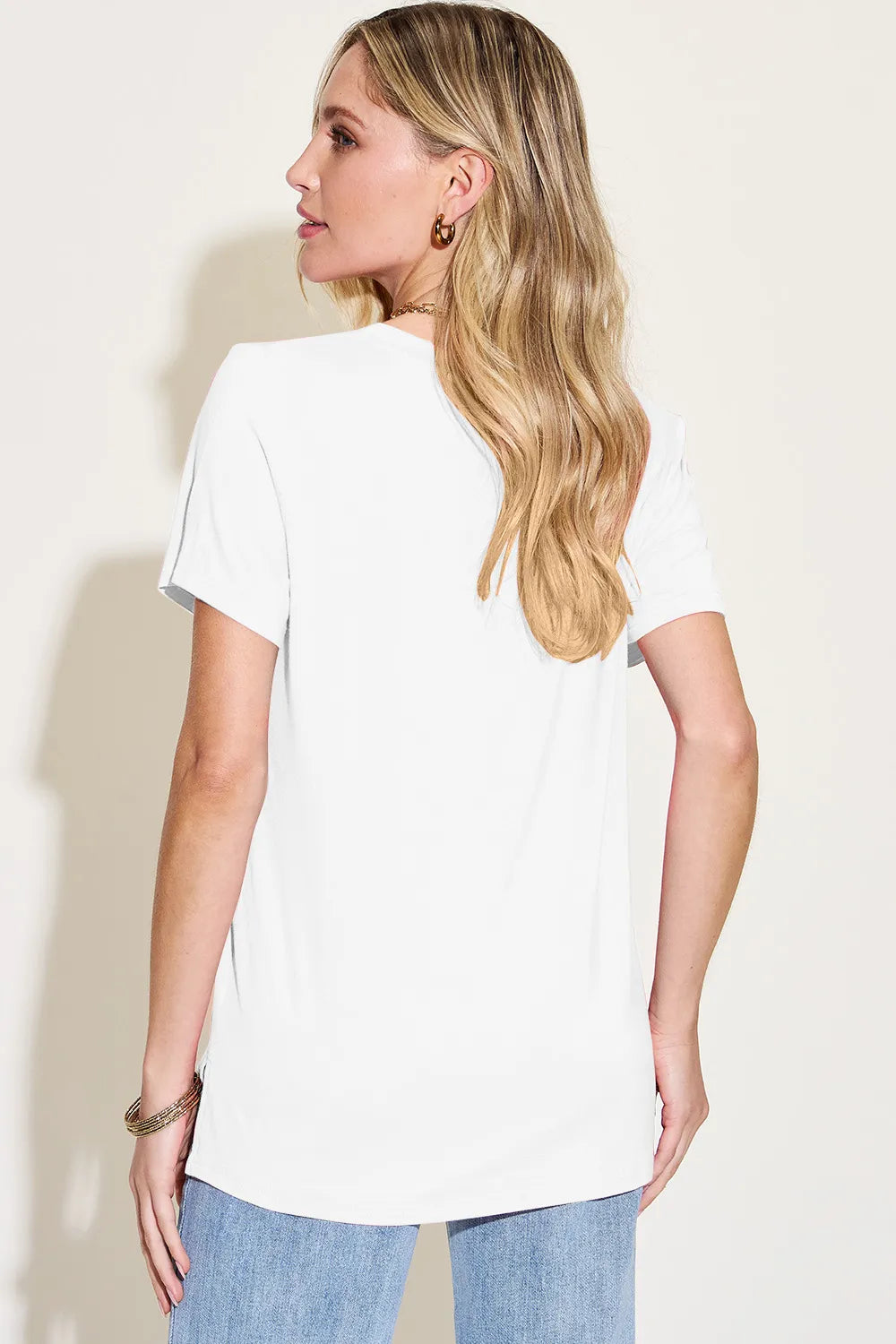 V-neck high-low bamboo tee with side slits