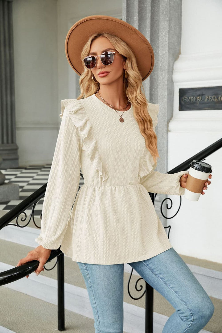 Ruffle-shoulder textured peplum blouse with round neck