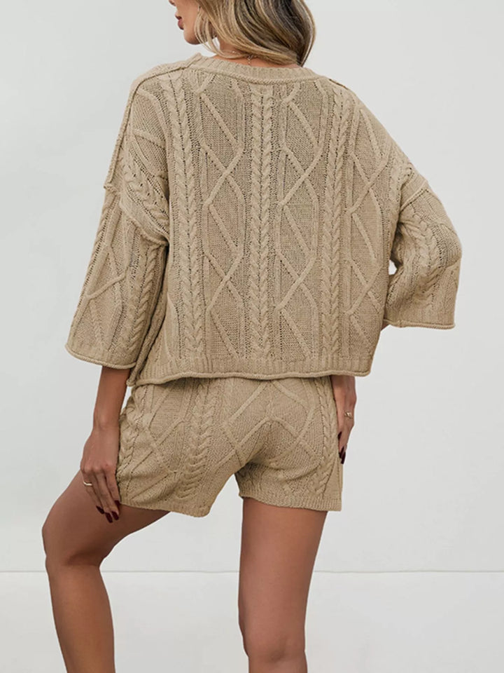 Cable knit three quarter sleeve sweater and shorts set