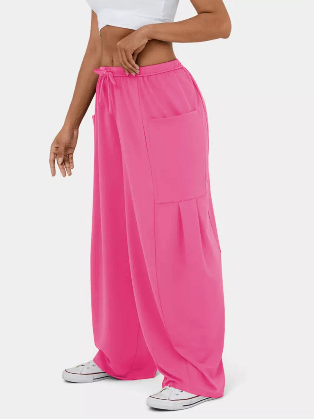 High-rise drawstring wide-leg pants with patch pockets