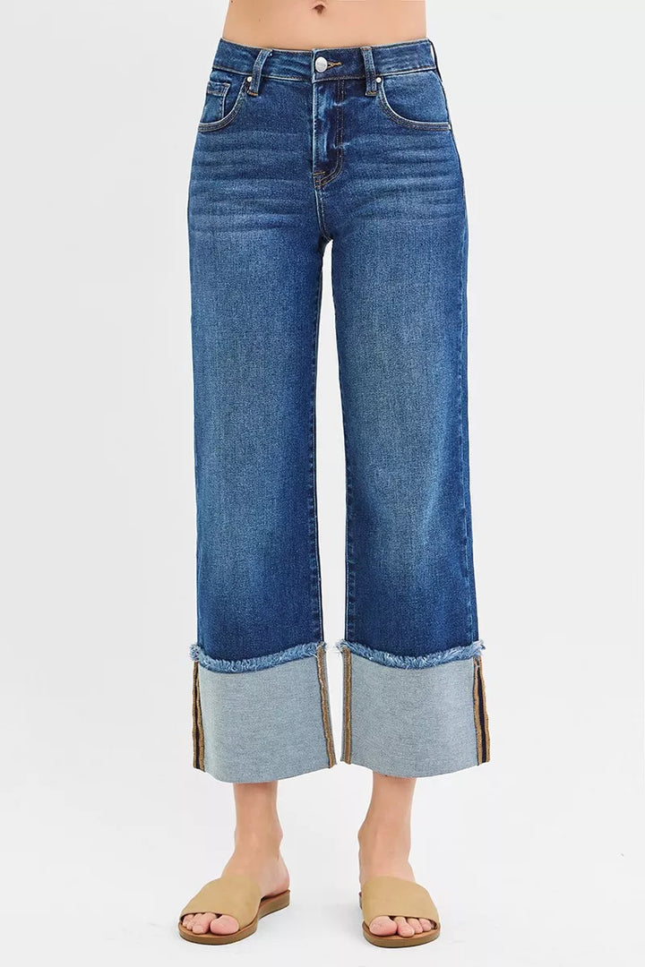 DARK Mid-rise wide-leg crop jeans with raw-hem cuff