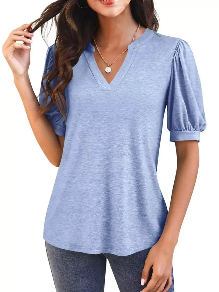 Short puff sleeve notched V-neck casual tee