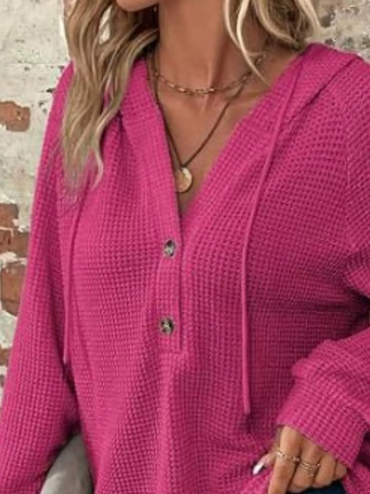 Waffle knit button-front hoodie with drawstring hood