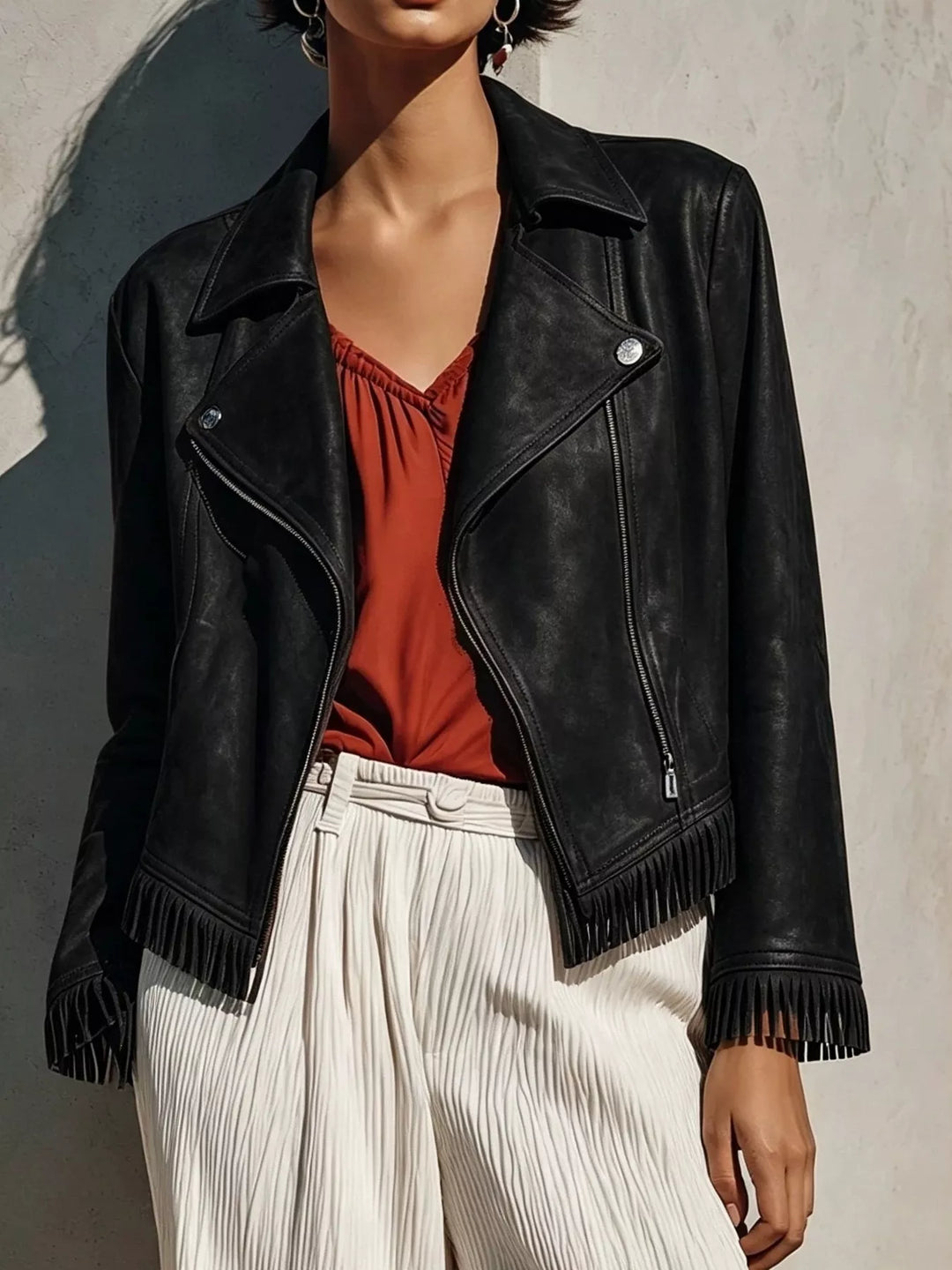 Black Fringe hem faux leather moto jacket with asymmetrical zip