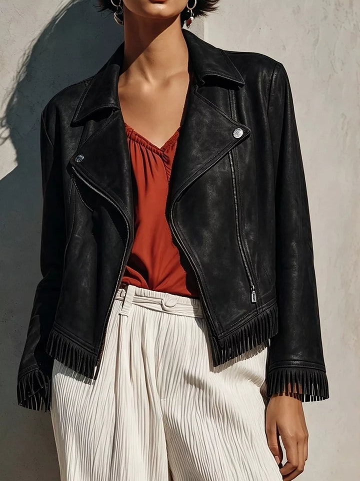 Black Fringe hem faux leather moto jacket with asymmetrical zip