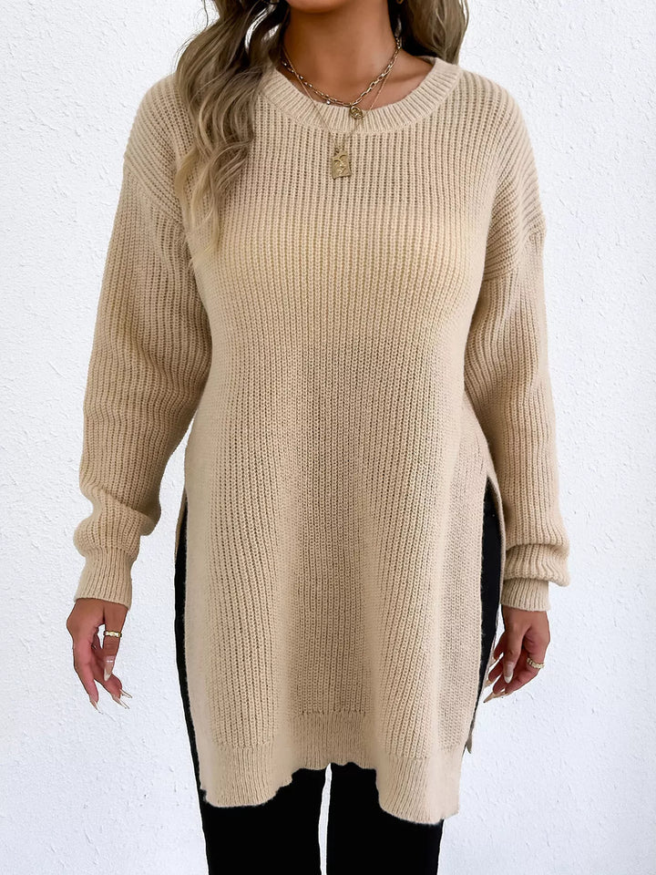 Side-slit ribbed knit tunic sweater with drop shoulders