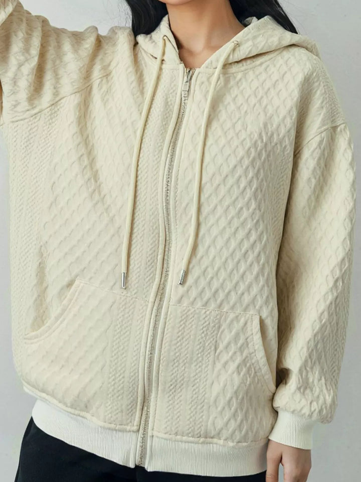Apricot Textured diamond-knit zip-up hoodie with drawstring hood