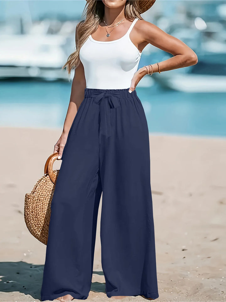 Navy Blue Paper-bag waist wide-leg pants with drawstring tie